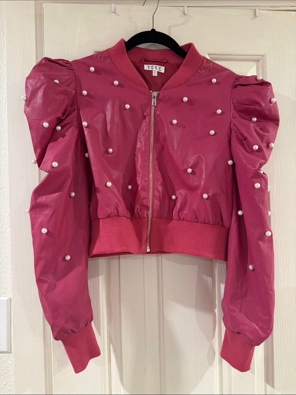 TCEC Hot Pink Pearl-Studded Puff Sleeve Bomber Cropped Jacket Size Medium